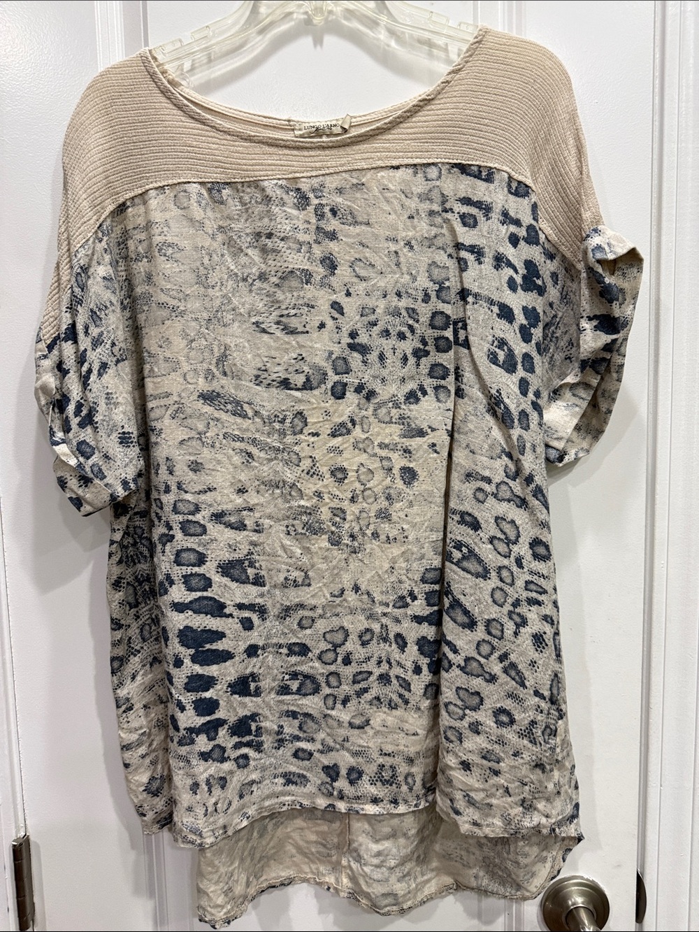 Lingo L’Arno Beige and Navy Animal-Print Mixed-Fabric Women's Top